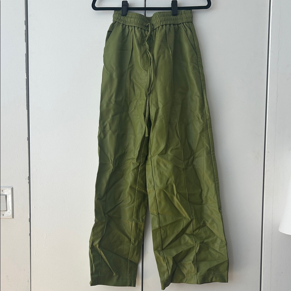 FRNCH Olive Faux Leather Wide Leg Pants